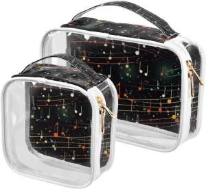 Musical-notes-black 2 Pack Clear Toiletry Bag Women Men, Portable Waterproof Clear Pouch, Cosmetic Bag with Double Zippers Large Opening Traveling with Handle for Bathroom Traveling Vacation Organizin