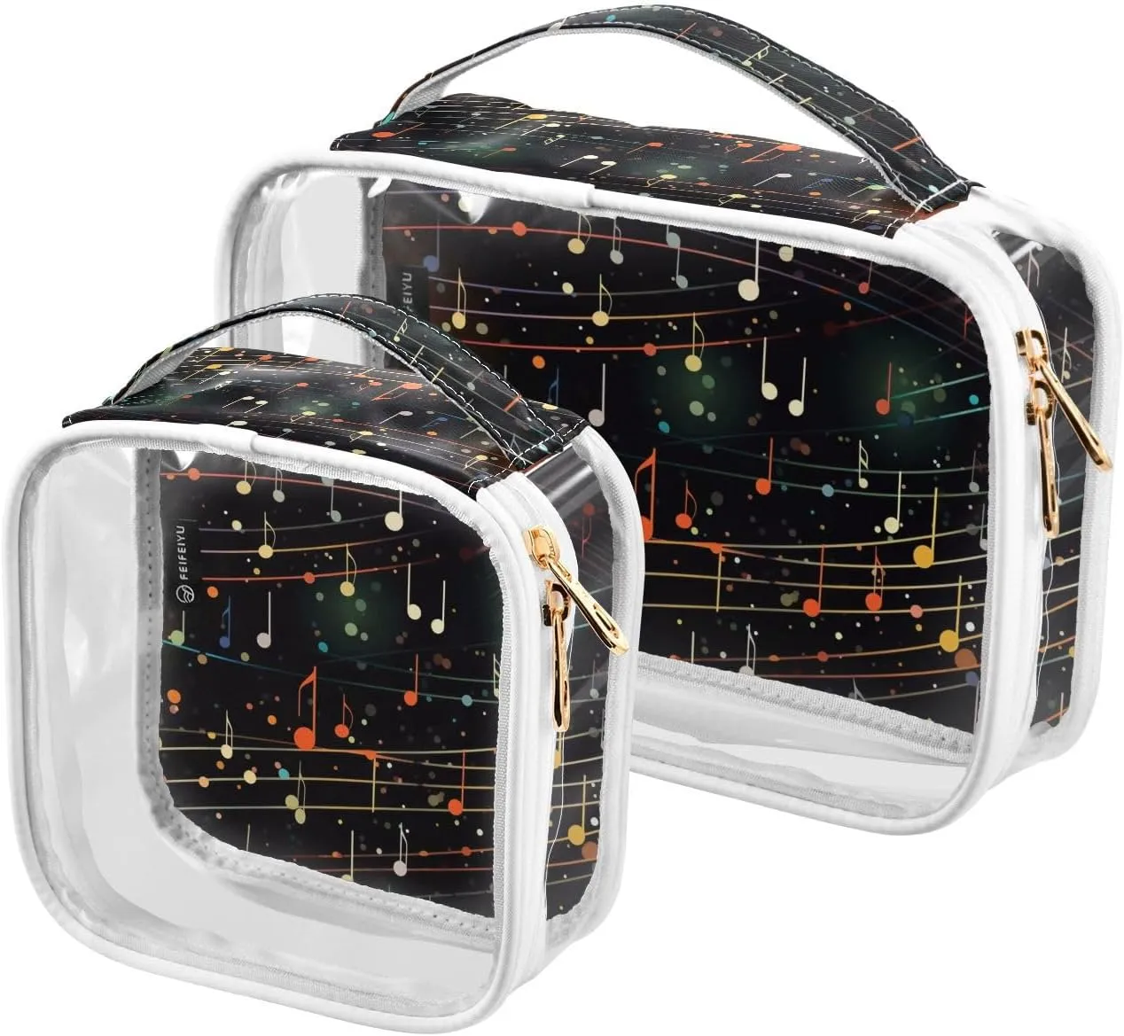 Musical-notes-black 2 Pack Clear Toiletry Bag Women Men, Portable Waterproof Clear Pouch, Cosmetic Bag with Double Zippers Large Opening Traveling with Handle for Bathroom Traveling Vacation Organizin