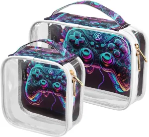 Neon-lights-game-controller 2 Pack Clear Toiletry Bag Women Men, Portable Waterproof Clear Pouch, Cosmetic Bag with Double Zippers Large Opening Traveling with Handle for Bathroom Traveling Vacation O