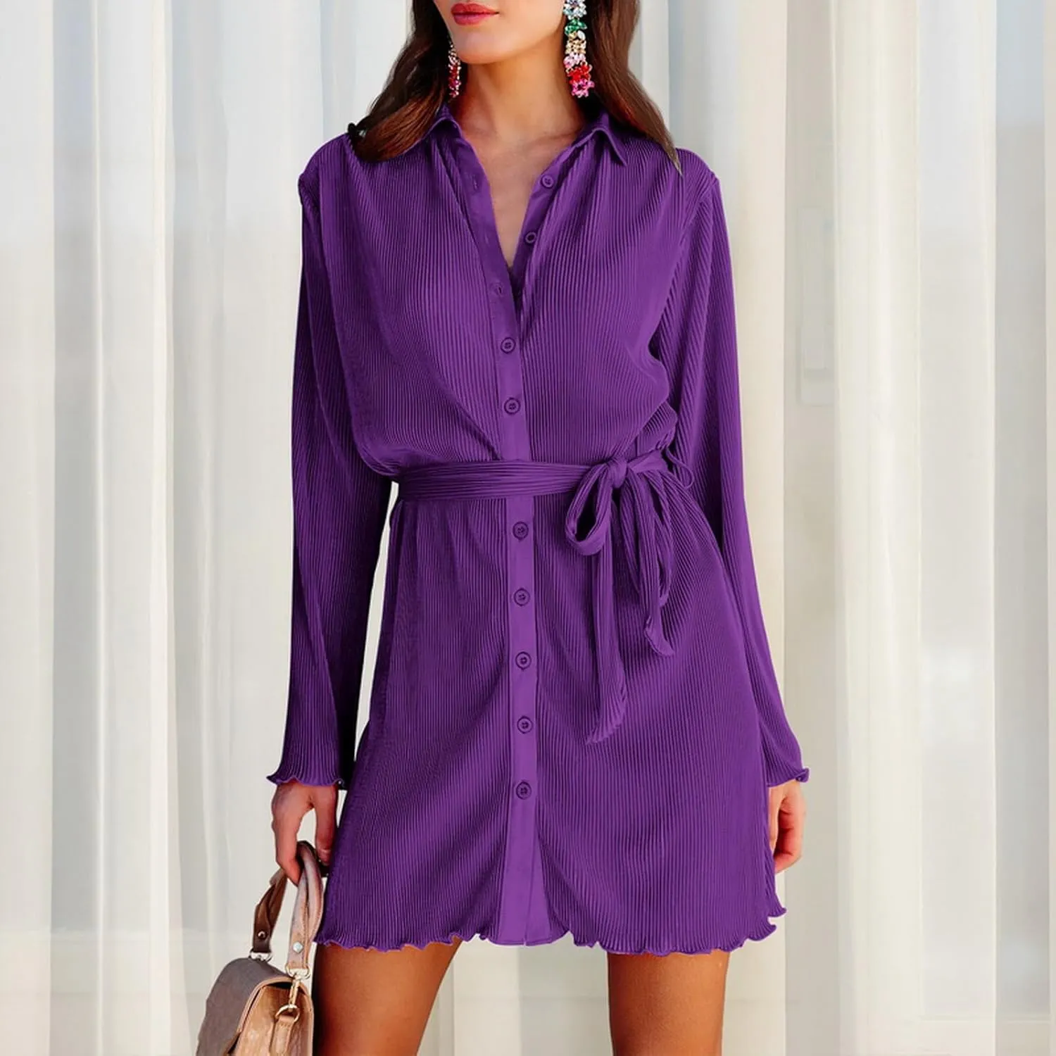Neufigr Shirt Dresses for Women Summer Dresses Vneck Long Sleeve Mini Button Down Dress Casual Ruffle Tunic Tops with Belt