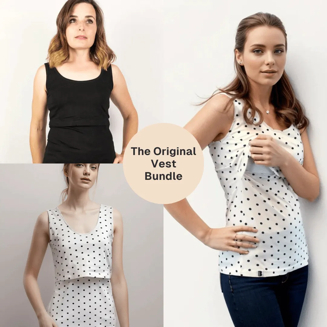 Nursing Twin Pack Cotton Vest | Black & Cream/Black Spots