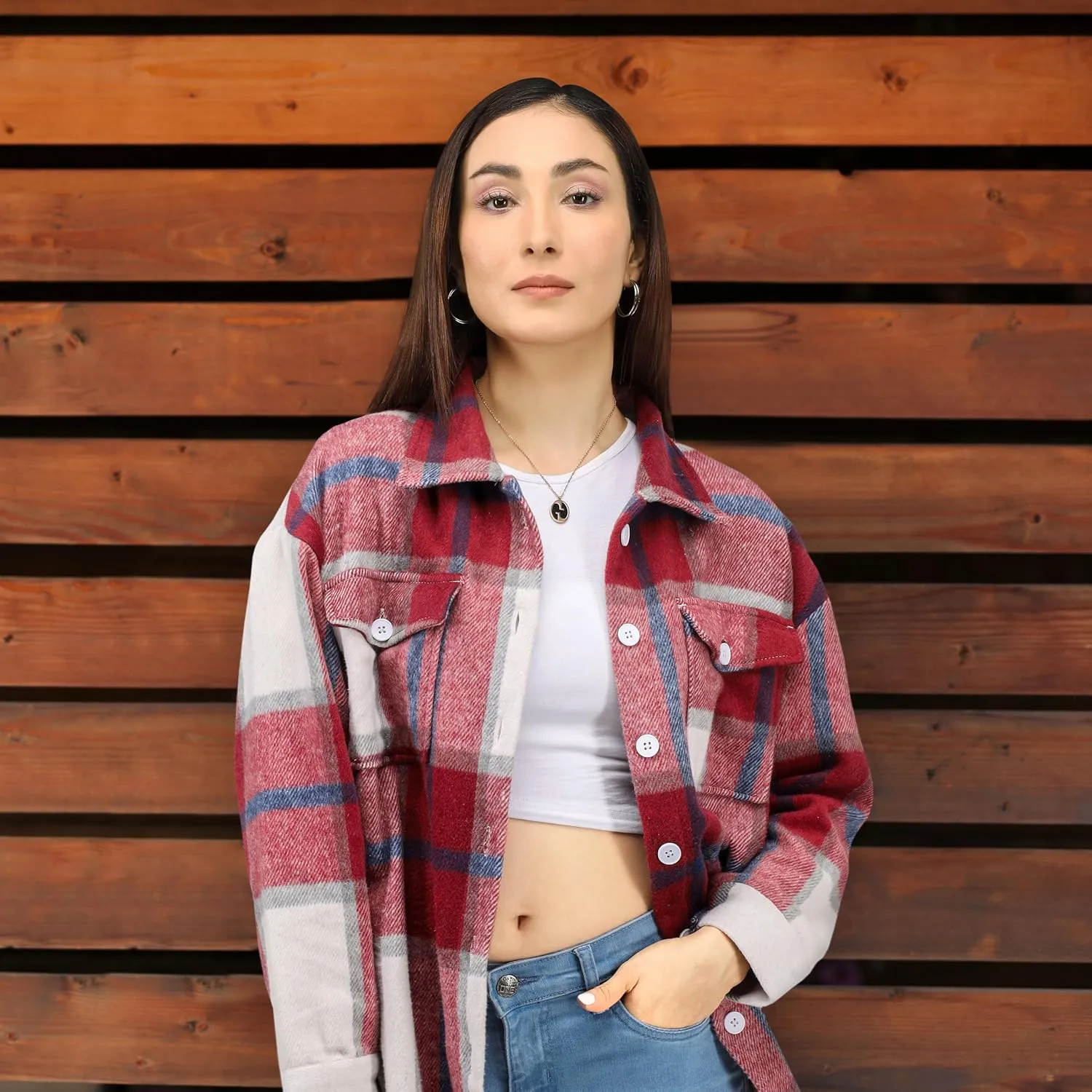 NY Threads Women's Flannel Plaid Shacket Button Down Long Sleeve Loose Fit Shirt Casual Jacket Coat