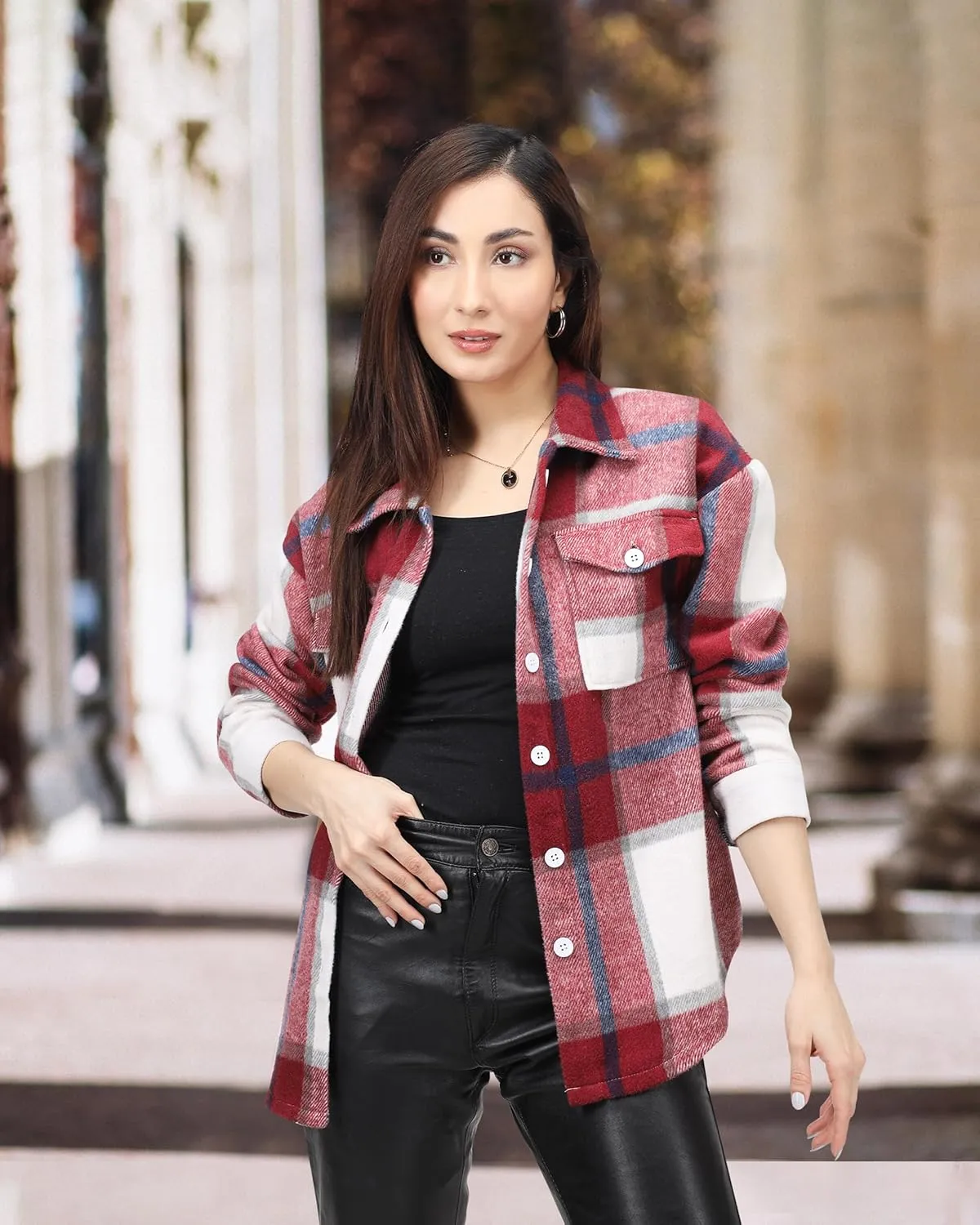 NY Threads Women's Flannel Plaid Shacket Button Down Long Sleeve Loose Fit Shirt Casual Jacket Coat