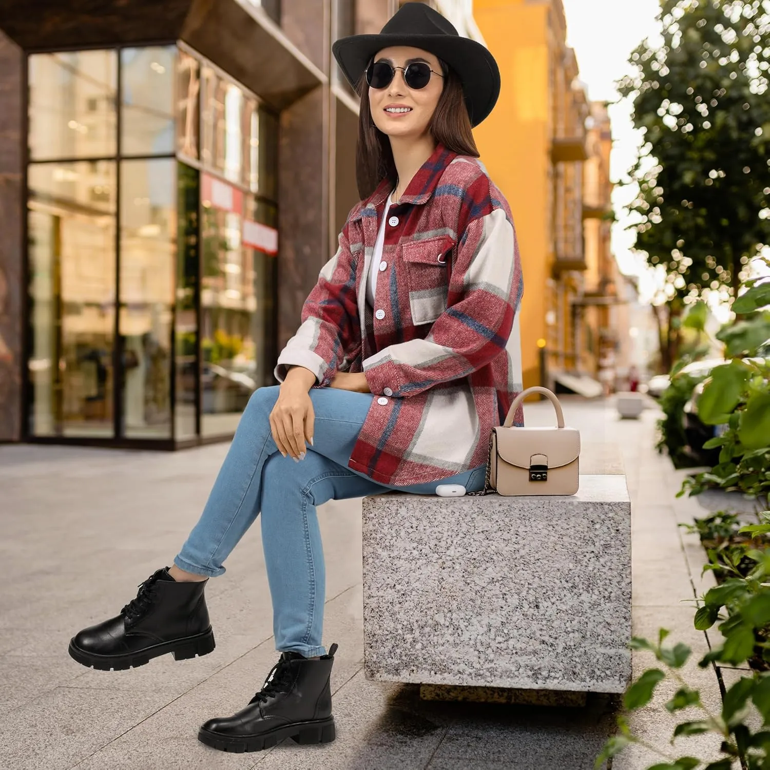 NY Threads Women's Flannel Plaid Shacket Button Down Long Sleeve Loose Fit Shirt Casual Jacket Coat