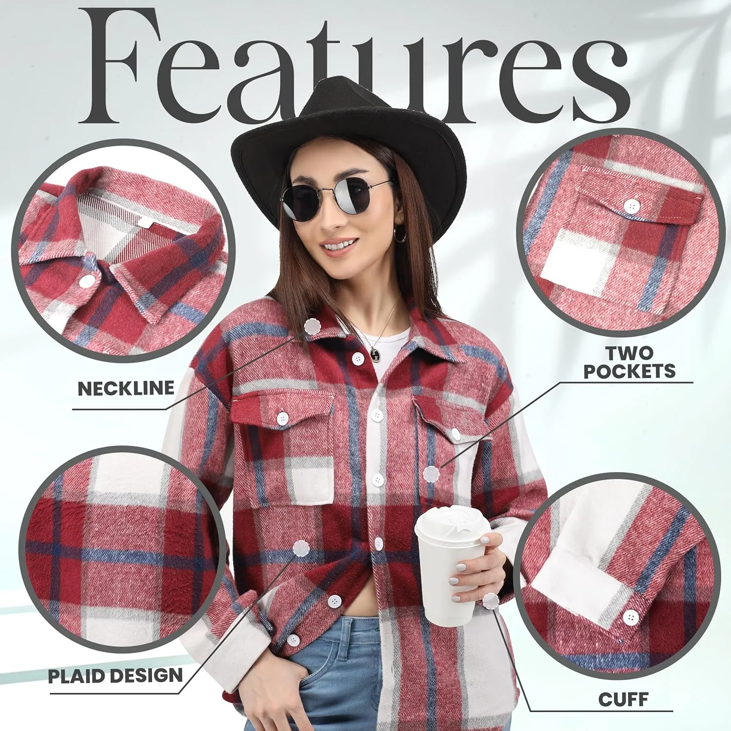 NY Threads Women's Flannel Plaid Shacket Button Down Long Sleeve Loose Fit Shirt Casual Jacket Coat