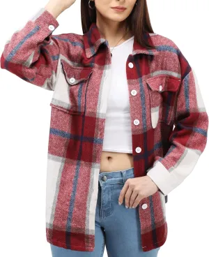 NY Threads Women's Flannel Plaid Shacket Button Down Long Sleeve Loose Fit Shirt Casual Jacket Coat