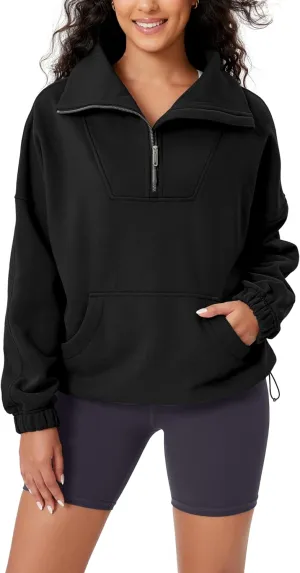 ODODOS Cinchable Sweatshirts for Women Funnel Neck Half Zipper Hoodies Fleece Lined Oversized Pullover