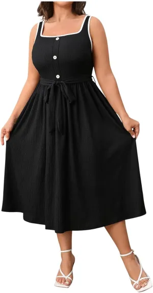 Oplxuo Womens Plus Size Sundress Sleeveless Square Neck Button Color Block Summer Midi Dress with Belt