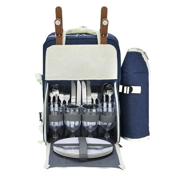 Picnic Basket Backpack - 4 Person - Blue and Beige