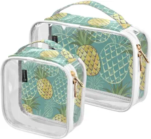 Pineapple Print 2 Pack Clear Toiletry Bag Women Men, Portable Waterproof Clear Pouch, Cosmetic Bag with Double Zippers Large Opening Traveling with Handle for Bathroom Traveling Vacation Organizing