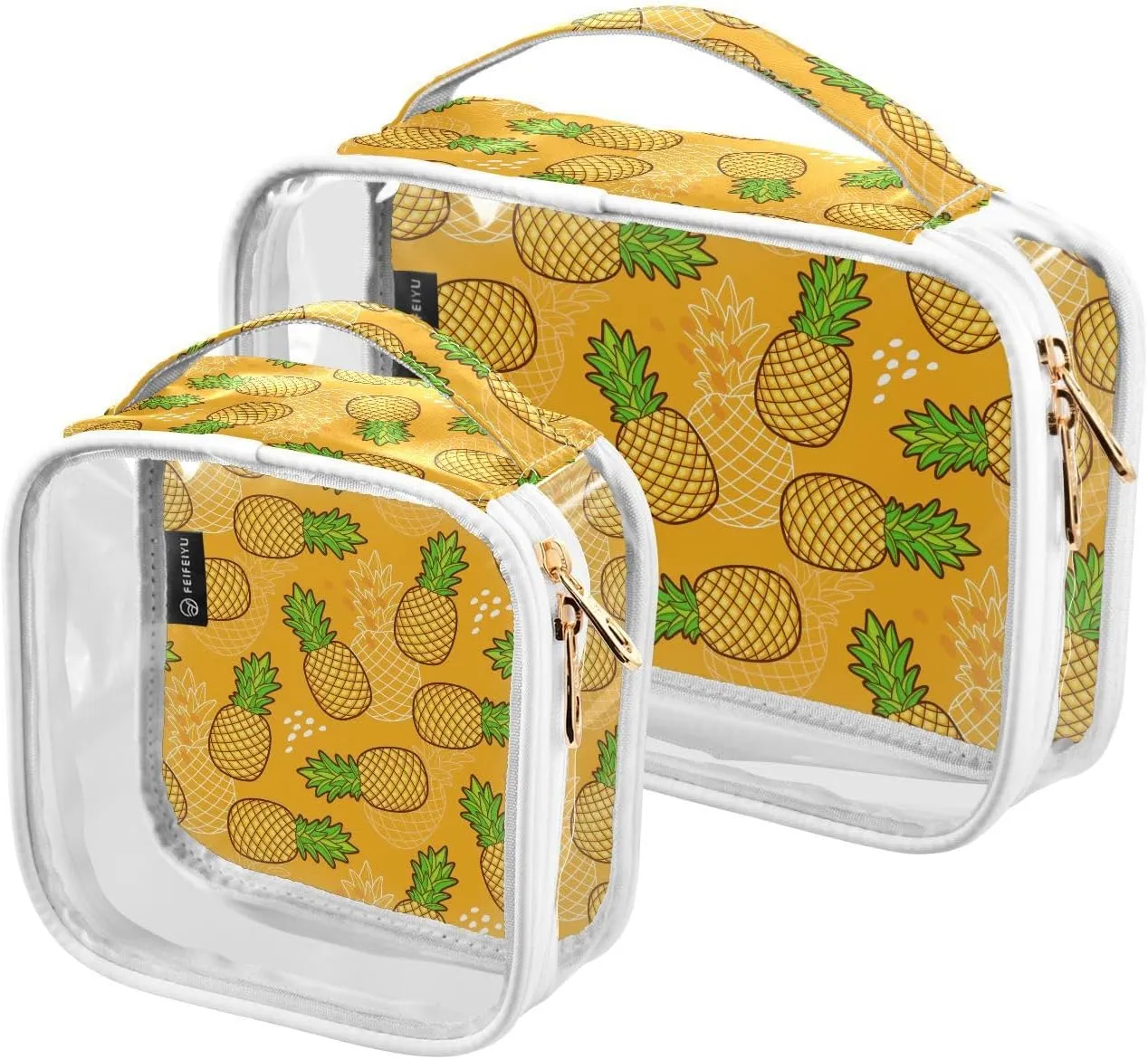 Pineapples Print 2 Pack Clear Toiletry Bag Women Men, Portable Waterproof Clear Pouch, Cosmetic Bag with Double Zippers Large Opening Traveling with Handle for Bathroom Traveling Vacation Organizing