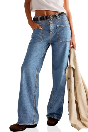 PLNOTME Womens Cuffed Wide Leg Jeans Boyfriend Casual Mid Rise Denim Pants with Pockets