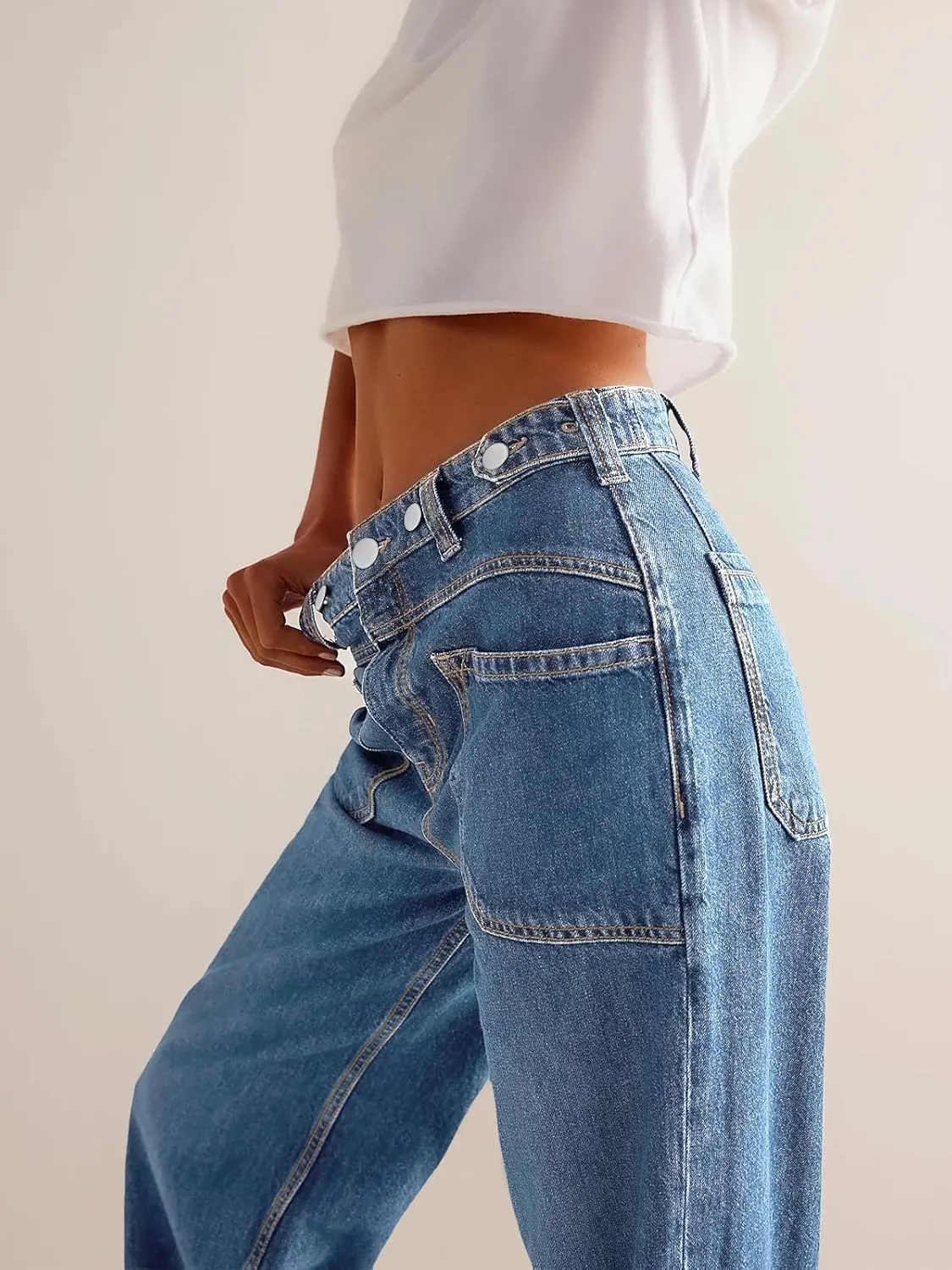 PLNOTME Womens Cuffed Wide Leg Jeans Boyfriend Casual Mid Rise Denim Pants with Pockets