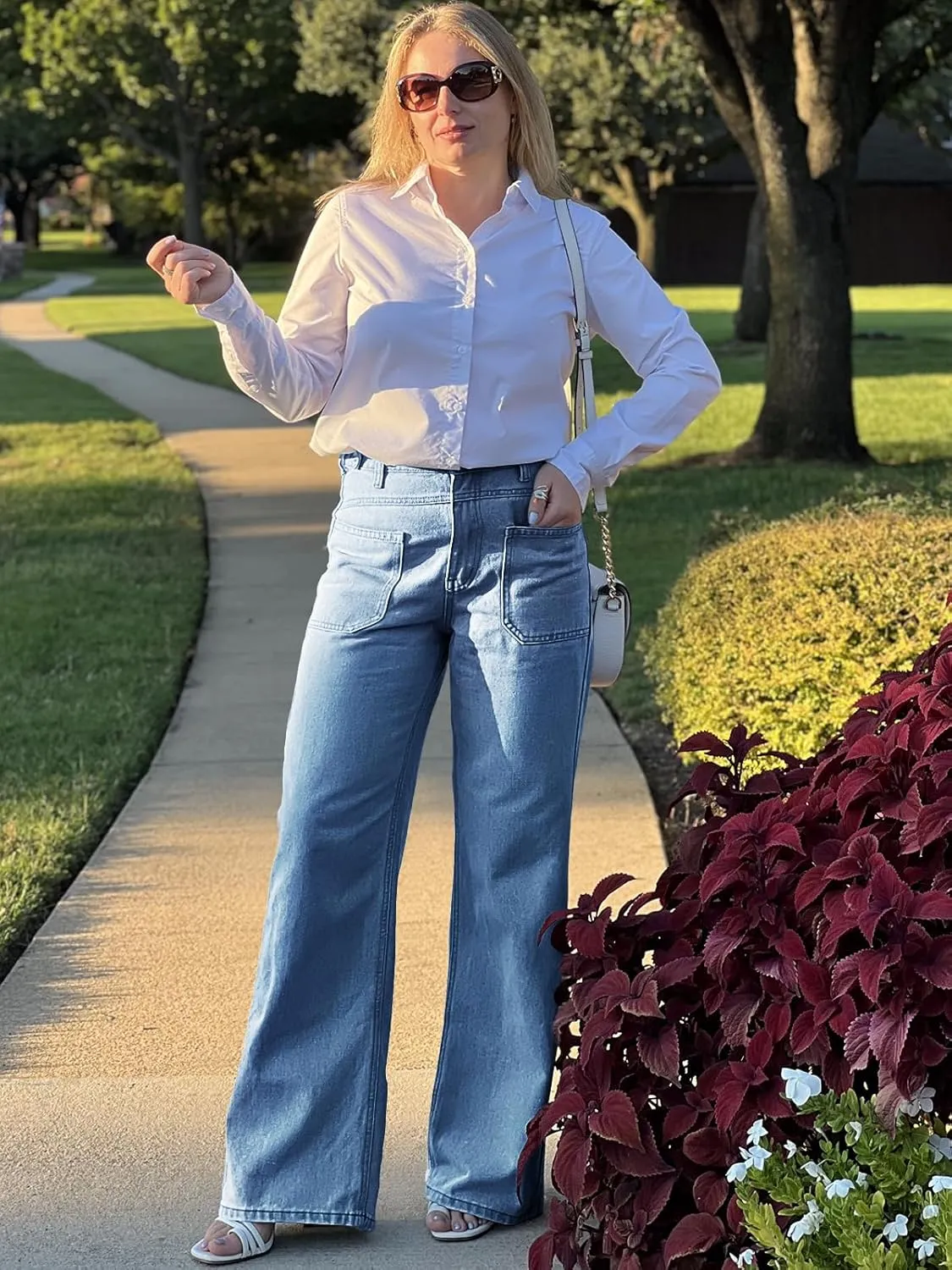 PLNOTME Womens Cuffed Wide Leg Jeans Boyfriend Casual Mid Rise Denim Pants with Pockets