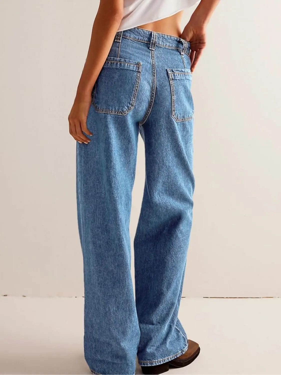 PLNOTME Womens Cuffed Wide Leg Jeans Boyfriend Casual Mid Rise Denim Pants with Pockets