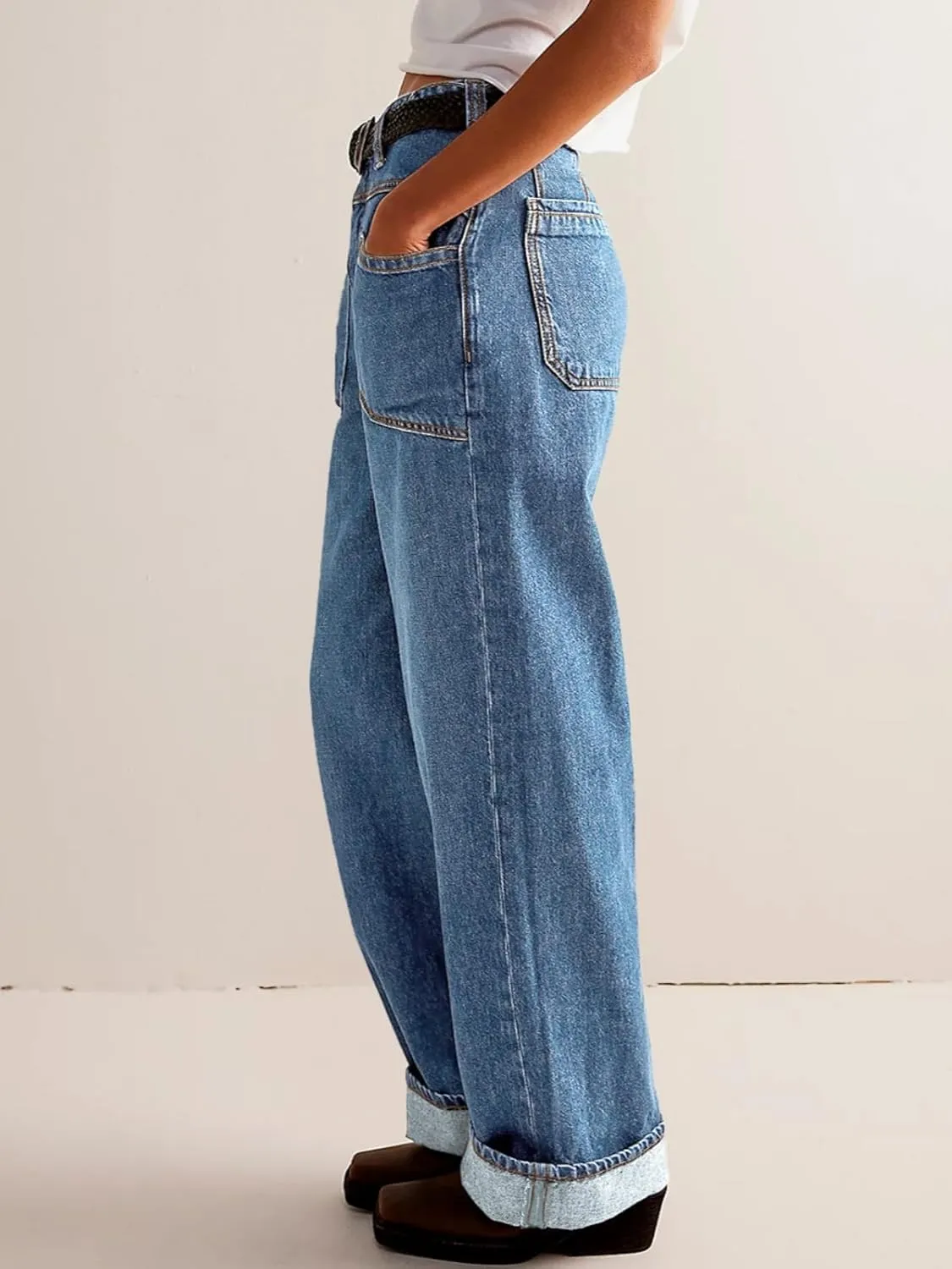 PLNOTME Womens Cuffed Wide Leg Jeans Boyfriend Casual Mid Rise Denim Pants with Pockets