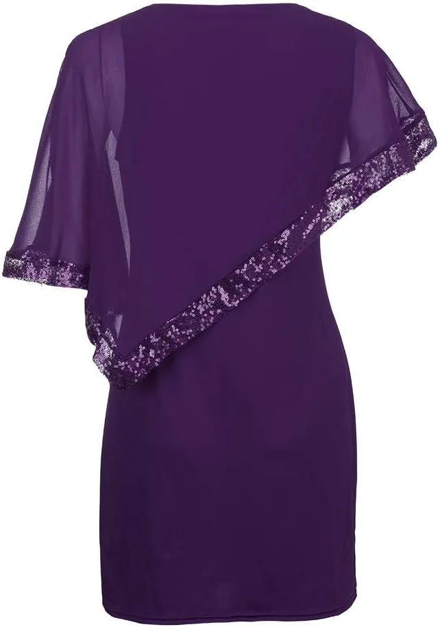 Plus Size Cape Dresses for Women with Metallic Trim Chiffon Overlay Bodycon Pencil Dress Wedding Cocktail Party Dress