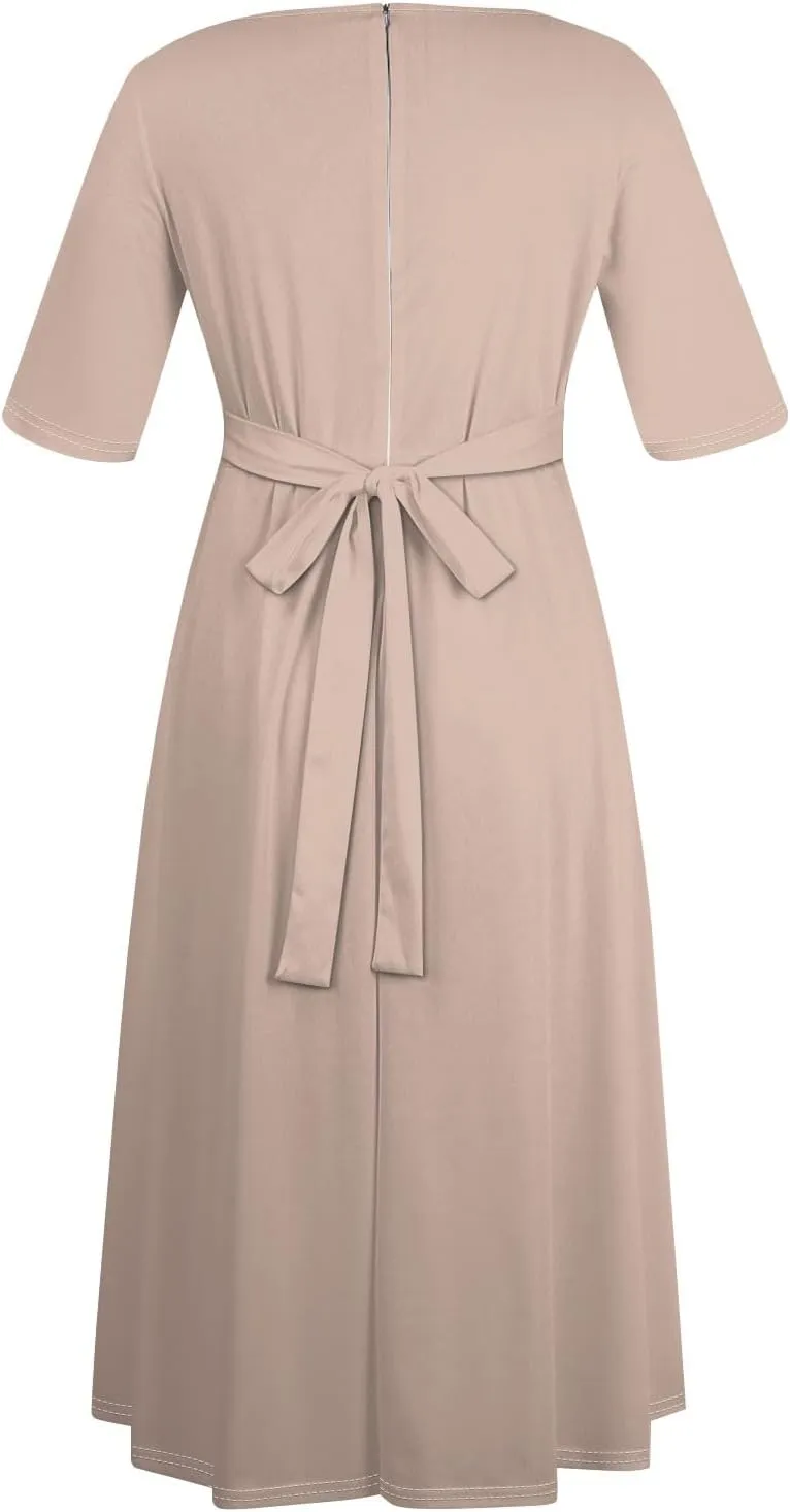 Plus Size Dresses for Curvy Women Solid Crew Neck 3/4 Sleeve Straps Big Hem Maxi Smocked Dresses