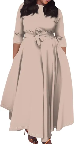 Plus Size Dresses for Curvy Women Solid Crew Neck 3/4 Sleeve Straps Big Hem Maxi Smocked Dresses