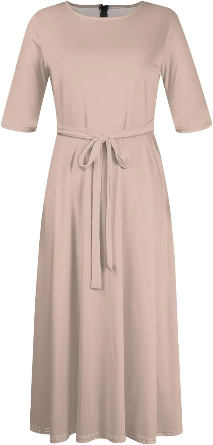 Plus Size Dresses for Curvy Women Solid Crew Neck 3/4 Sleeve Straps Big Hem Maxi Smocked Dresses