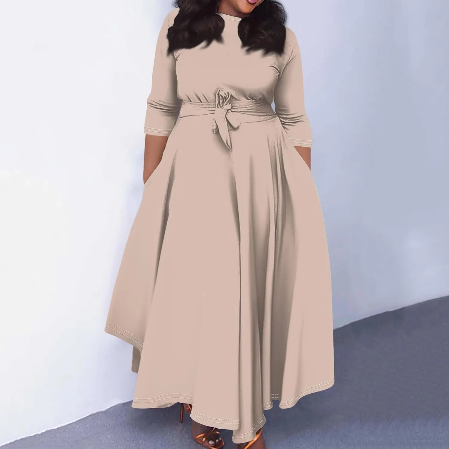 Plus Size Dresses for Curvy Women Solid Crew Neck 3/4 Sleeve Straps Big Hem Maxi Smocked Dresses