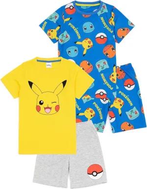 Pokemon Boys 2 Pack Pajama Set | Kids Pokmon T-Shirt & Shorts PJs Bundle | Yellow Pikachu & Blue All Over Print Pajamas