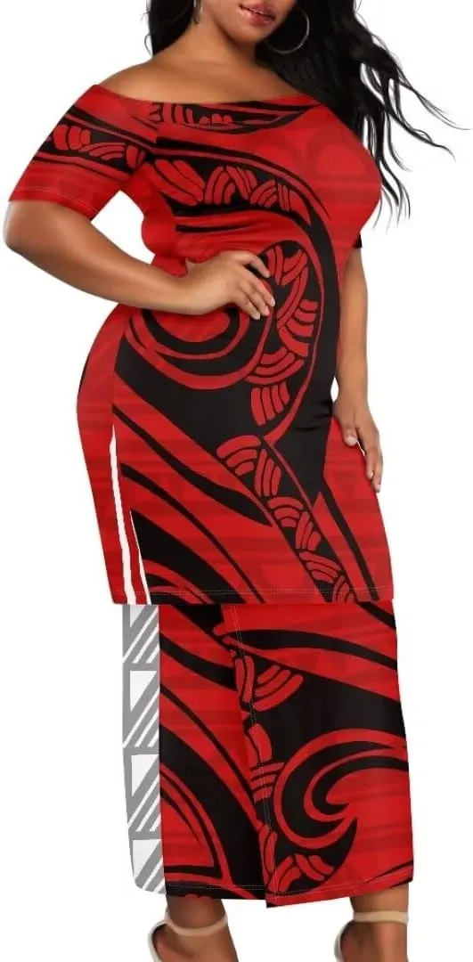 Polynesian Dress for Women Samoan Dress Short Sleeve Crewneck Plus Size Two Piece Set Outfit