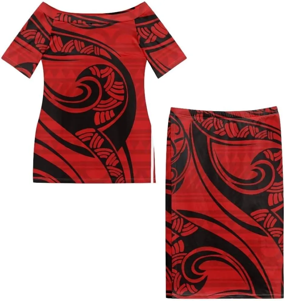 Polynesian Dress for Women Samoan Dress Short Sleeve Crewneck Plus Size Two Piece Set Outfit