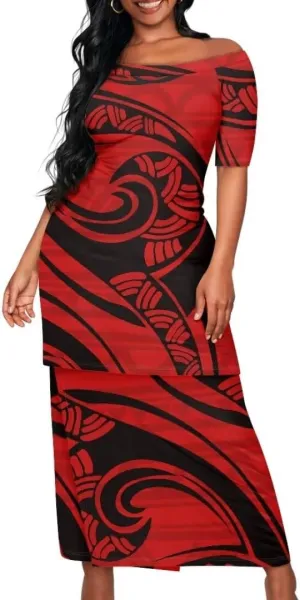 Polynesian Dress for Women Samoan Dress Short Sleeve Crewneck Plus Size Two Piece Set Outfit