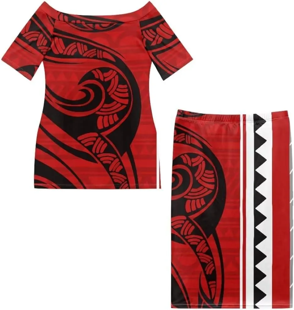 Polynesian Dress for Women Samoan Dress Short Sleeve Crewneck Plus Size Two Piece Set Outfit