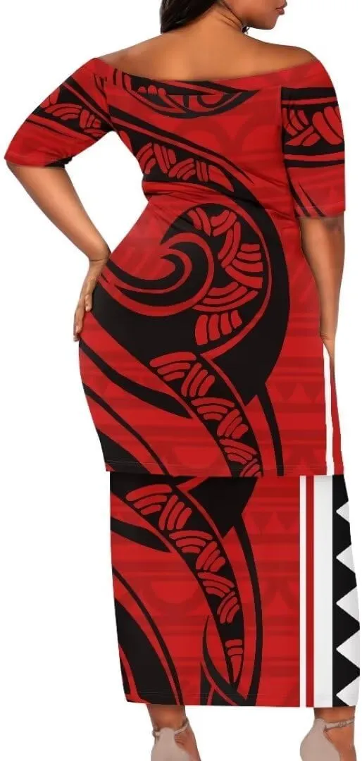 Polynesian Dress for Women Samoan Dress Short Sleeve Crewneck Plus Size Two Piece Set Outfit