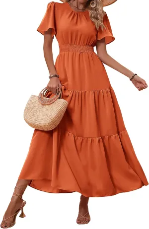 PRETTYGARDEN Women's Summer Casual Short Flutter Sleeve Round Neck Smocked Waist Tiered Boho Floral Flowy Maxi Dress