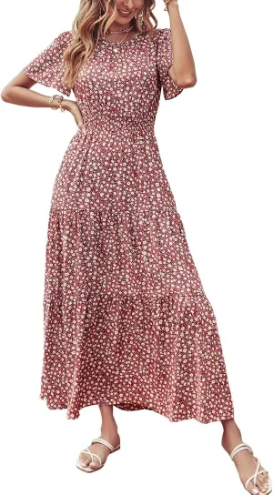 PRETTYGARDEN Women's Summer Casual Short Flutter Sleeve Round Neck Smocked Waist Tiered Boho Floral Flowy Maxi Dress