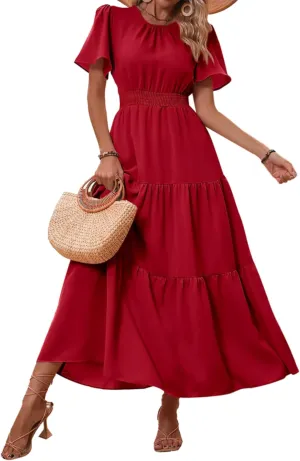PRETTYGARDEN Women's Summer Casual Short Flutter Sleeve Round Neck Smocked Waist Tiered Boho Floral Flowy Maxi Dress