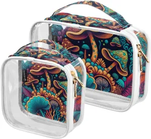 Psychedelics-mushroom 2 Pack Clear Toiletry Bag Women Men, Portable Waterproof Clear Pouch, Cosmetic Bag with Double Zippers Large Opening Traveling with Handle for Bathroom Traveling Vacation Organiz