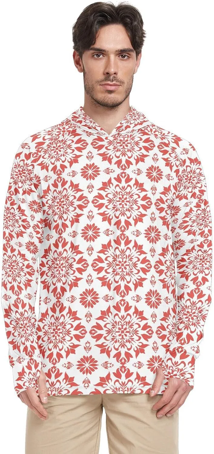 Red Floral Bloom Men Sun Protection Hoodies Long Sleeve UPF 50 Mens Sun Shirt Quick-Dry Rashguard For Men Swim Shirt camisas para hombres de trabajo construccin manga larga