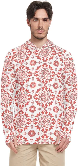 Red Floral Bloom Men Sun Protection Hoodies Long Sleeve UPF 50 Mens Sun Shirt Quick-Dry Rashguard For Men Swim Shirt camisas para hombres de trabajo construccin manga larga