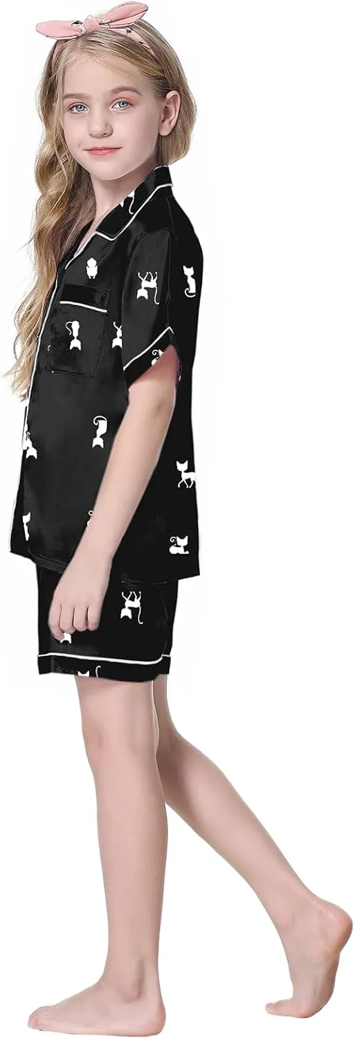 Schbbbta Girls 3 Pieces Pajamas Sets Silk Satin Sleepwear Button Down Short Sleeve Pjs Outfits