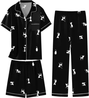Schbbbta Girls 3 Pieces Pajamas Sets Silk Satin Sleepwear Button Down Short Sleeve Pjs Outfits