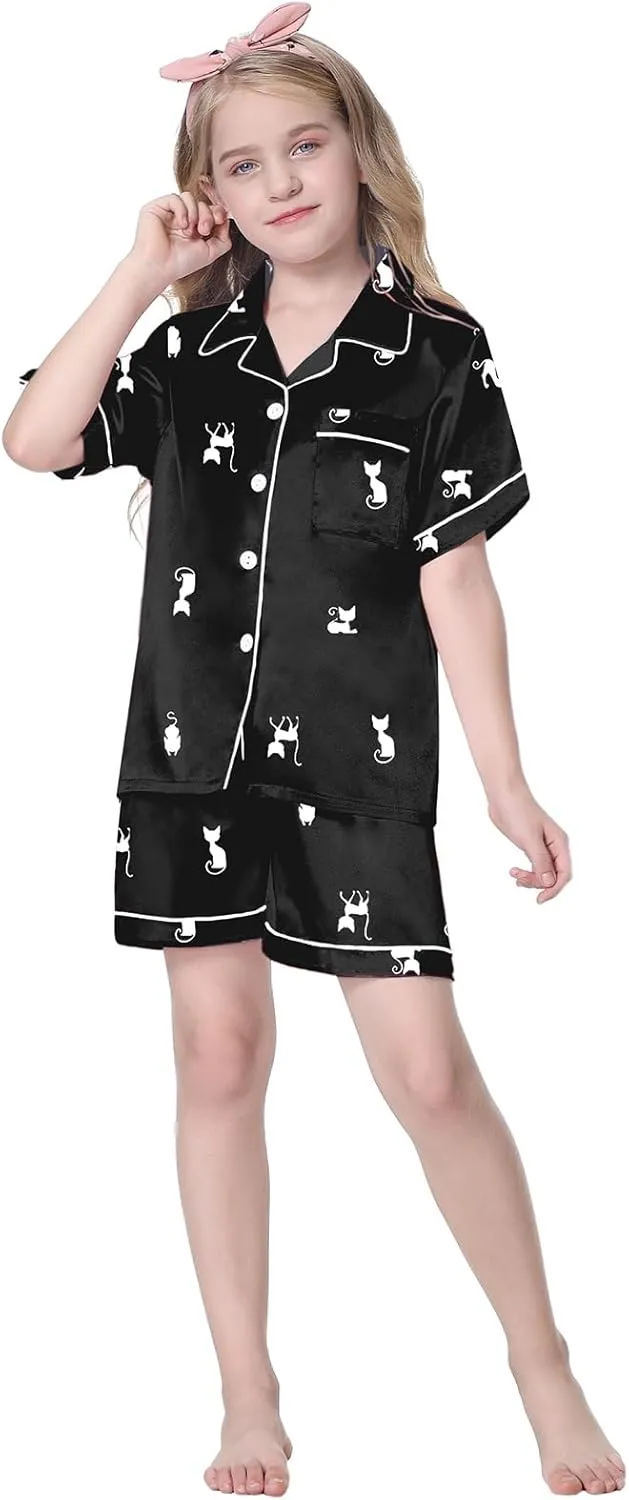 Schbbbta Girls 3 Pieces Pajamas Sets Silk Satin Sleepwear Button Down Short Sleeve Pjs Outfits