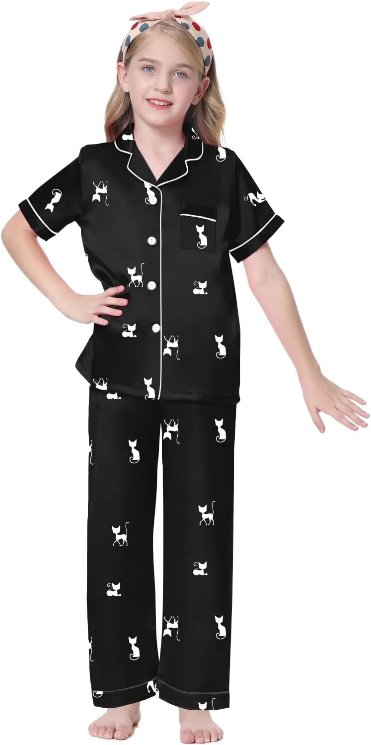 Schbbbta Girls 3 Pieces Pajamas Sets Silk Satin Sleepwear Button Down Short Sleeve Pjs Outfits