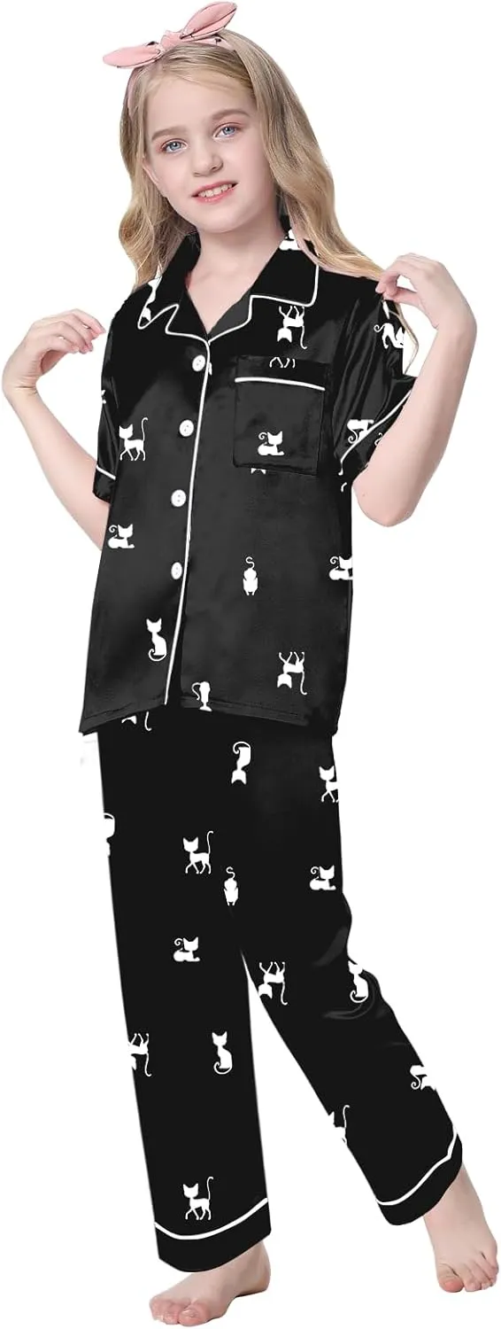 Schbbbta Girls 3 Pieces Pajamas Sets Silk Satin Sleepwear Button Down Short Sleeve Pjs Outfits