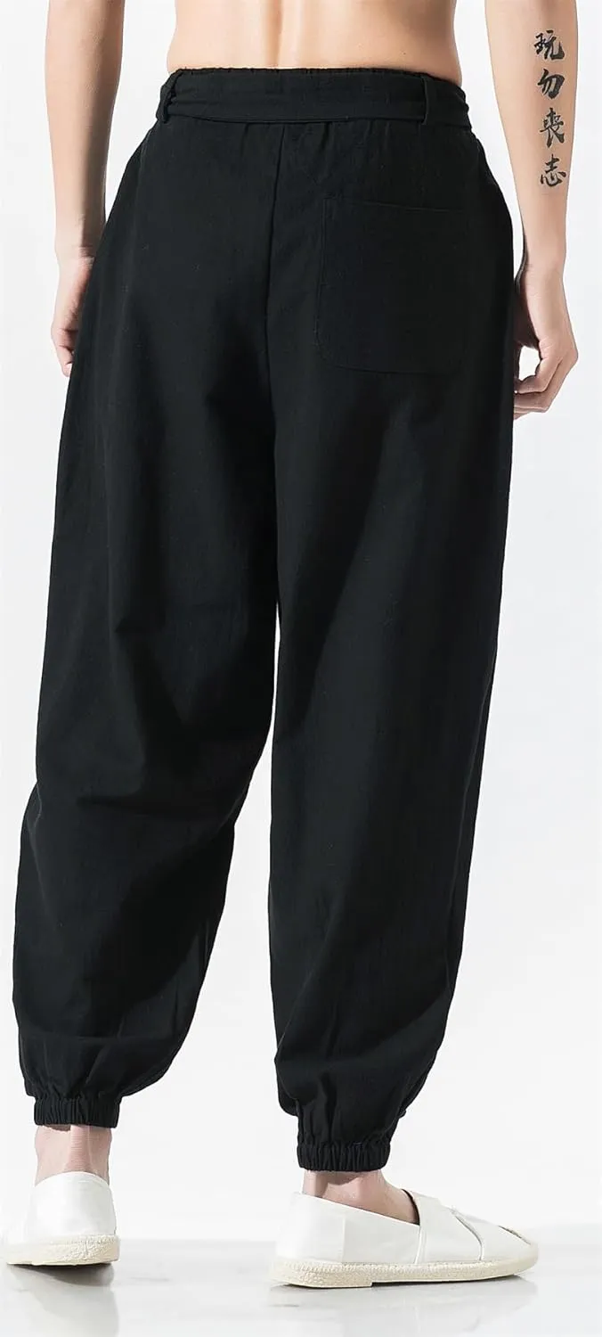 Seidarise Men's Linen Cargo Jogger Pant Japanese Hip Hop Sweatpants Harem Pants Sports