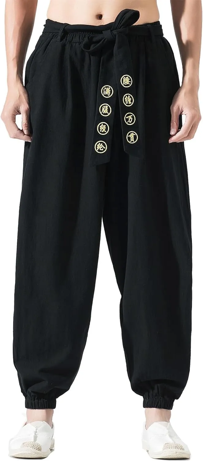 Seidarise Men's Linen Cargo Jogger Pant Japanese Hip Hop Sweatpants Harem Pants Sports