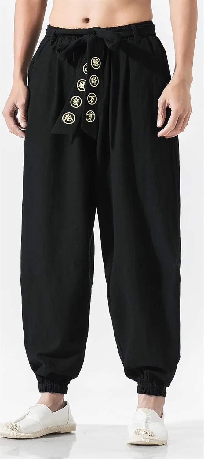 Seidarise Men's Linen Cargo Jogger Pant Japanese Hip Hop Sweatpants Harem Pants Sports