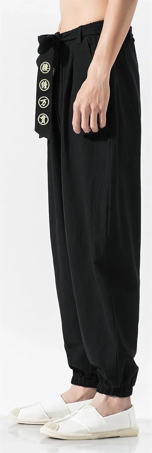 Seidarise Men's Linen Cargo Jogger Pant Japanese Hip Hop Sweatpants Harem Pants Sports