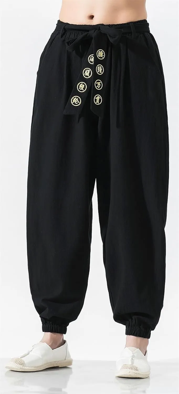 Seidarise Men's Linen Cargo Jogger Pant Japanese Hip Hop Sweatpants Harem Pants Sports