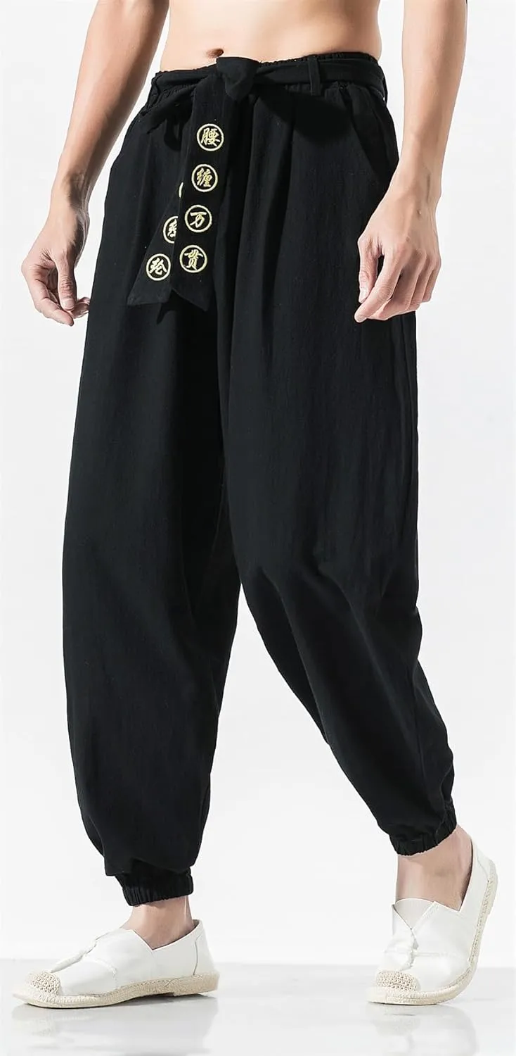 Seidarise Men's Linen Cargo Jogger Pant Japanese Hip Hop Sweatpants Harem Pants Sports