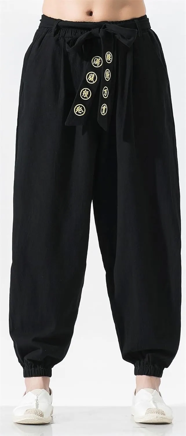 Seidarise Men's Linen Cargo Jogger Pant Japanese Hip Hop Sweatpants Harem Pants Sports