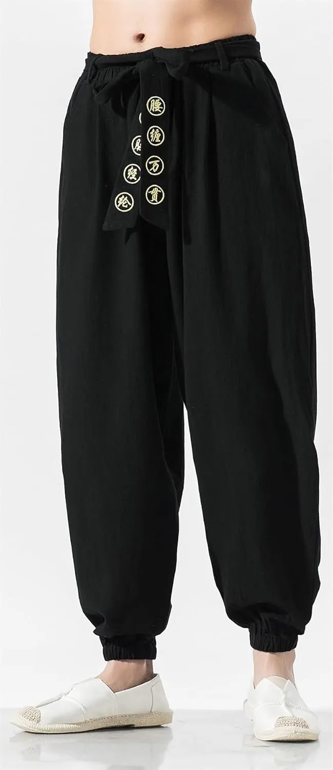 Seidarise Men's Linen Cargo Jogger Pant Japanese Hip Hop Sweatpants Harem Pants Sports